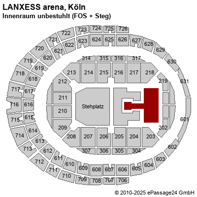 Saalplan LANXESS arena, Köln, Deutschland, Innenraum unbestuhlt (FOS + Steg)