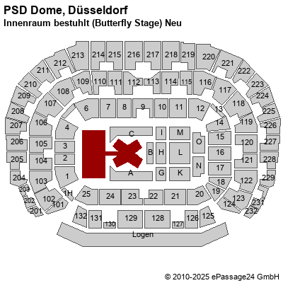 Saalplan ISS Dome, Düsseldorf, Deutschland, Innenraum bestuhlt (Butterfly Stage) Neu