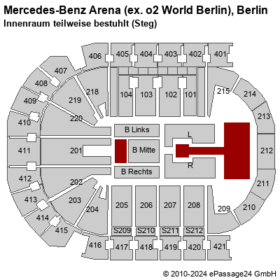 Saalplan Mercedes-Benz Arena (ex. o2 World Berlin), Berlin, Deutschland, Innenraum teilweise bestuhlt (Steg)
