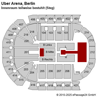 Saalplan Mercedes-Benz Arena (ex. o2 World Berlin), Berlin, Deutschland, Innenraum teilweise bestuhlt (Steg)