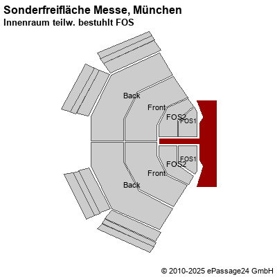 Saalplan Sonderfreifläche Messe, München, Deutschland, Innenraum teilw. bestuhlt FOS 