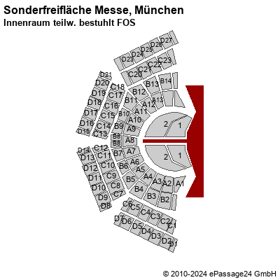 Saalplan Sonderfreifläche Messe, München, Deutschland, Innenraum teilw. bestuhlt FOS 