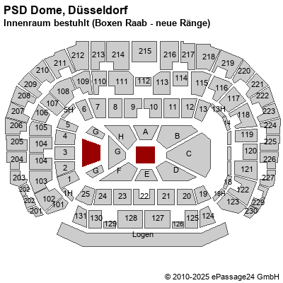 Saalplan ISS Dome, Düsseldorf, Deutschland, Innenraum bestuhlt (Boxen Raab - neue Ränge)
