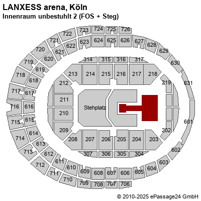 Saalplan LANXESS arena, Köln, Deutschland, Innenraum unbestuhlt 2 (FOS + Steg)