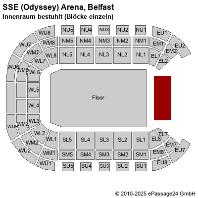 Saalplan SSE (Odyssey) Arena, Belfast, Großbritannien, Innenraum bestuhlt (Blöcke einzeln)