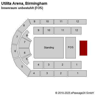 Saalplan Utilita Arena, Birmingham, Großbritannien, Innenraum unbestuhlt (FOS)