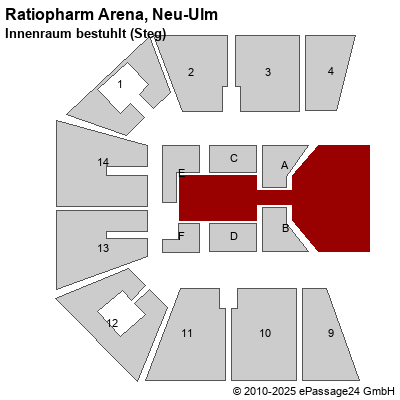 Saalplan Ratiopharm Arena, Neu-Ulm, Deutschland, Innenraum bestuhlt (Steg)
