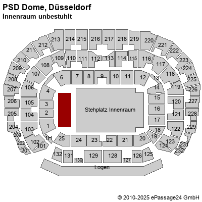 Saalplan ISS Dome, Düsseldorf, Deutschland, Innenraum unbestuhlt