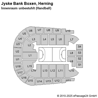Saalplan Jyske Bank Boxen, Herning, Dänemark, Innenraum unbestuhlt (Handball)