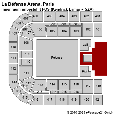 Saalplan La Défense Arena, Paris, Frankreich, Innenraum unbestuhlt FOS (Kendrick Lamar + SZA)