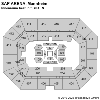 Saalplan SAP ARENA, Mannheim, Deutschland, Innenraum bestuhlt BOXEN