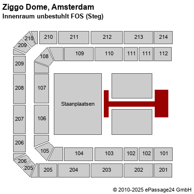 Saalplan Ziggo Dome, Amsterdam, Niederlande, Innenraum unbestuhlt FOS (Steg)