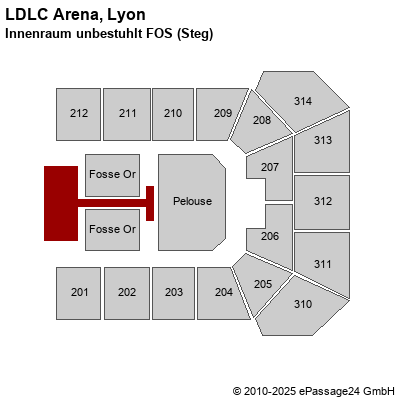 Saalplan LDLC Arena, Lyon, Frankreich, Innenraum unbestuhlt FOS (Steg)