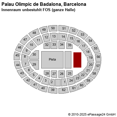 Saalplan Palau Olimpic de Badalona, Barcelona, Spanien, Innenraum unbestuhlt FOS (ganze Halle)