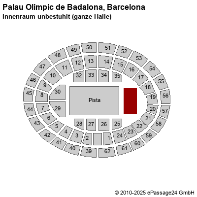 Saalplan Palau Olimpic de Badalona, Barcelona, Spanien, Innenraum unbestuhlt (ganze Halle)