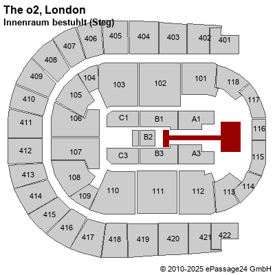 Saalplan The o2, London, Großbritannien, Innenraum bestuhlt (Steg)