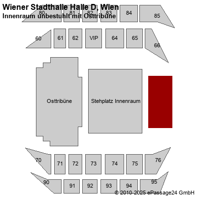 Saalplan Wiener Stadthalle Halle D, Wien, Österreich, Innenraum unbestuhlt mit Osttribüne