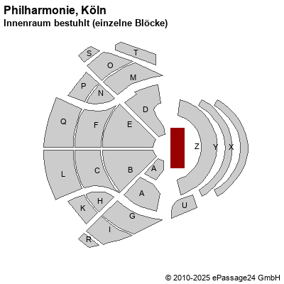 Saalplan Philharmonie, Köln, Deutschland, Innenraum bestuhlt (einzelne Blöcke)
