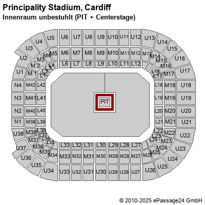 Saalplan Principality Stadium, Cardiff, Großbritannien, Innenraum unbestuhlt (PIT + Centerstage)