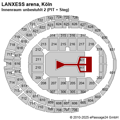 Saalplan LANXESS arena, Köln, Deutschland, Innenraum unbestuhlt 2 (PIT + Steg)