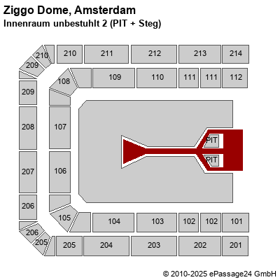 Saalplan Ziggo Dome, Amsterdam, Niederlande, Innenraum unbestuhlt 2 (PIT + Steg)
