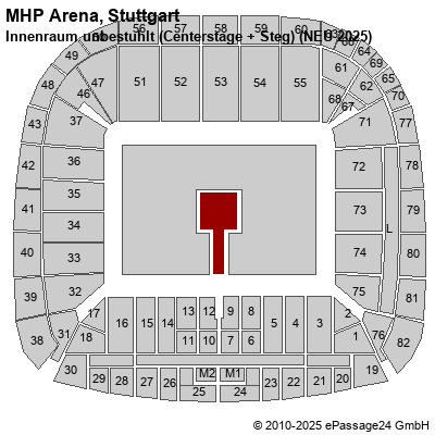 Saalplan MHP Arena, Stuttgart, Deutschland, Innenraum unbestuhlt (Centerstage + Steg) (NEU 2025)