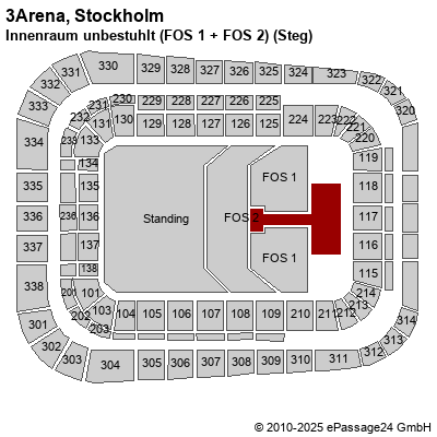 Saalplan 3Arena, Stockholm, Schweden, Innenraum unbestuhlt (FOS 1 + FOS 2) (Steg)