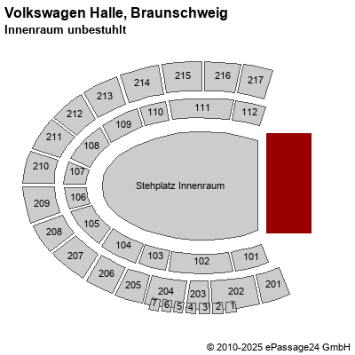 Saalplan Volkswagen Halle, Braunschweig, Deutschland, Innenraum unbestuhlt