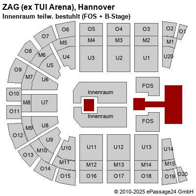 Saalplan ZAG (ex TUI Arena), Hannover, Deutschland, Innenraum teilw. bestuhlt (FOS + B-Stage)