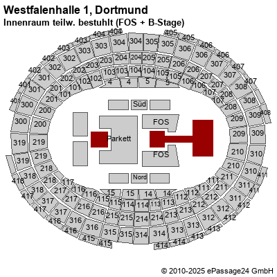 Saalplan Westfalenhalle 1, Dortmund, Deutschland, Innenraum teilw. bestuhlt (FOS + B-Stage)