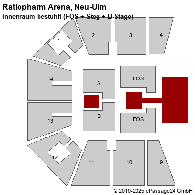 Saalplan Ratiopharm Arena, Neu-Ulm, Deutschland, Innenraum bestuhlt (FOS + Steg + B-Stage)