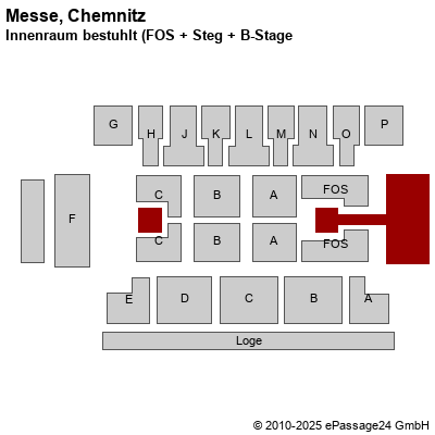 Saalplan Messe, Chemnitz, Deutschland, Innenraum bestuhlt (FOS + Steg + B-Stage