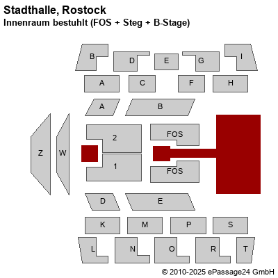 Saalplan Stadthalle, Rostock, Deutschland, Innenraum bestuhlt (FOS + Steg + B-Stage)