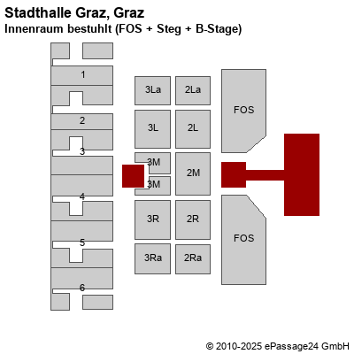 Saalplan Stadthalle Graz, Graz, Österreich, Innenraum bestuhlt (FOS + Steg + B-Stage)