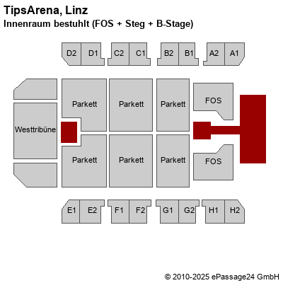 Saalplan TipsArena, Linz, Österreich, Innenraum bestuhlt (FOS + Steg + B-Stage)