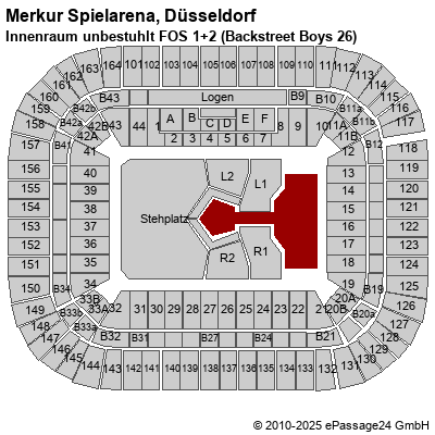 Saalplan Merkur Spielarena, Düsseldorf, Deutschland, Innenraum unbestuhlt FOS 1+2 (Backstreet Boys 26)