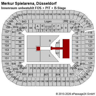 Saalplan Merkur Spielarena, D&uuml;sseldorf, Deutschland, Innenraum unbestuhlt FOS + PIT + B-Stage