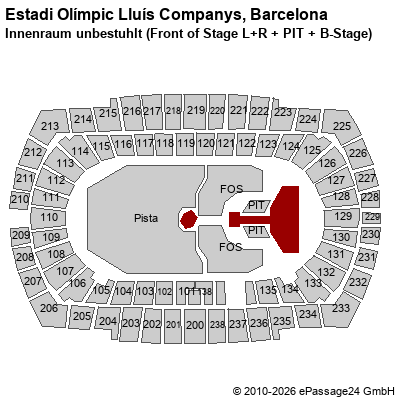 Saalplan Estadi Ol&iacute;mpic Llu&iacute;s Companys, Barcelona, Spanien, Innenraum unbestuhlt (Front of Stage L+R + PIT + B-Stage)