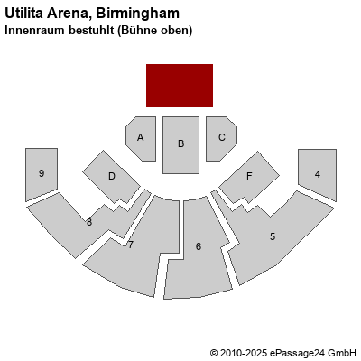 Saalplan Utilita Arena, Birmingham, Großbritannien, Innenraum bestuhlt (Bühne oben)