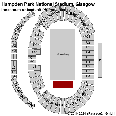Saalplan Hampden Park National Stadium, Glasgow, Großbritannien, Innenraum unbestuhlt (Bühne unten)