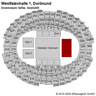 Saalplan Westfalenhalle 1, Dortmund, Deutschland, Innenraum teilw. bestuhlt