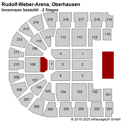 Saalplan König-Pilsener-ARENA, Oberhausen, Deutschland, Innenraum bestuhlt - 2 Stages