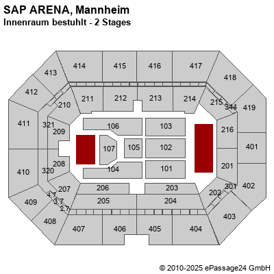 Saalplan SAP ARENA, Mannheim, Deutschland, Innenraum bestuhlt - 2 Stages