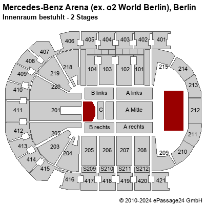 Saalplan Mercedes-Benz Arena (ex. o2 World Berlin), Berlin, Deutschland, Innenraum bestuhlt - 2 Stages