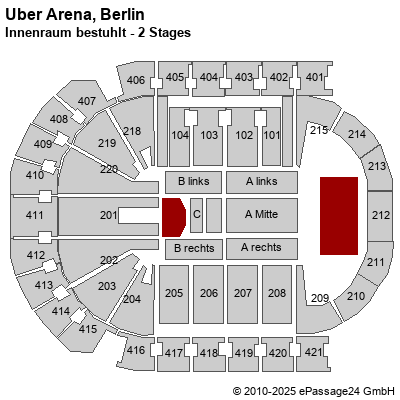 Saalplan Mercedes-Benz Arena (ex. o2 World Berlin), Berlin, Deutschland, Innenraum bestuhlt - 2 Stages