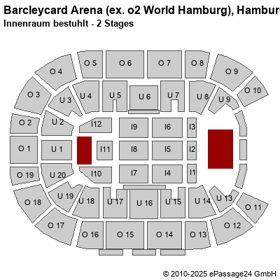 Saalplan Barcleycard Arena (ex. o2 World Hamburg), Hamburg, Deutschland, Innenraum bestuhlt - 2 Stages