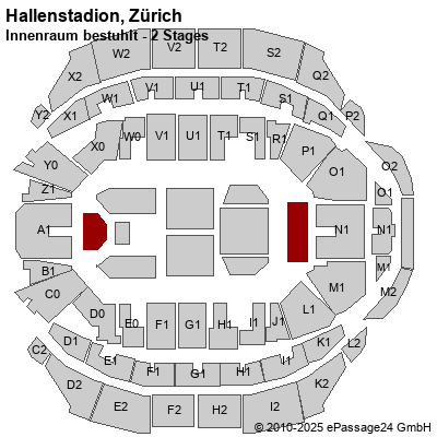 Saalplan Hallenstadion, Zürich, Schweiz, Innenraum bestuhlt - 2 Stages