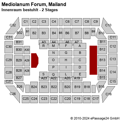 Saalplan Mediolanum Forum, Mailand, Italien, Innenraum bestuhlt - 2 Stages