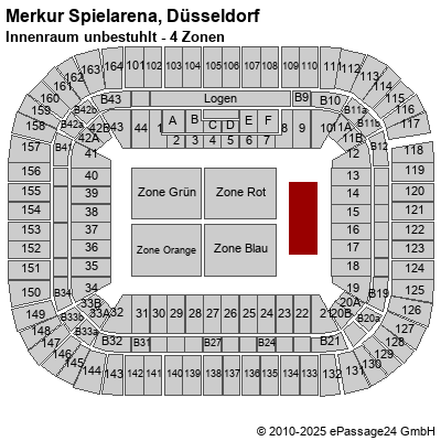 Saalplan ESPRIT arena, Düsseldorf, Deutschland, Innenraum unbestuhlt - 4 Zonen