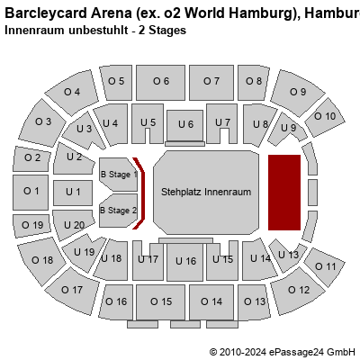 Saalplan Barcleycard Arena (ex. o2 World Hamburg), Hamburg, Deutschland, Innenraum unbestuhlt - 2 Stages
